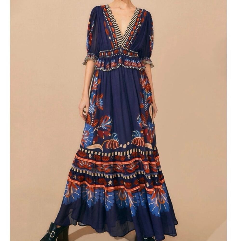 FARM Rio Navy Maxi Dress with Blue and Rust Floral Print